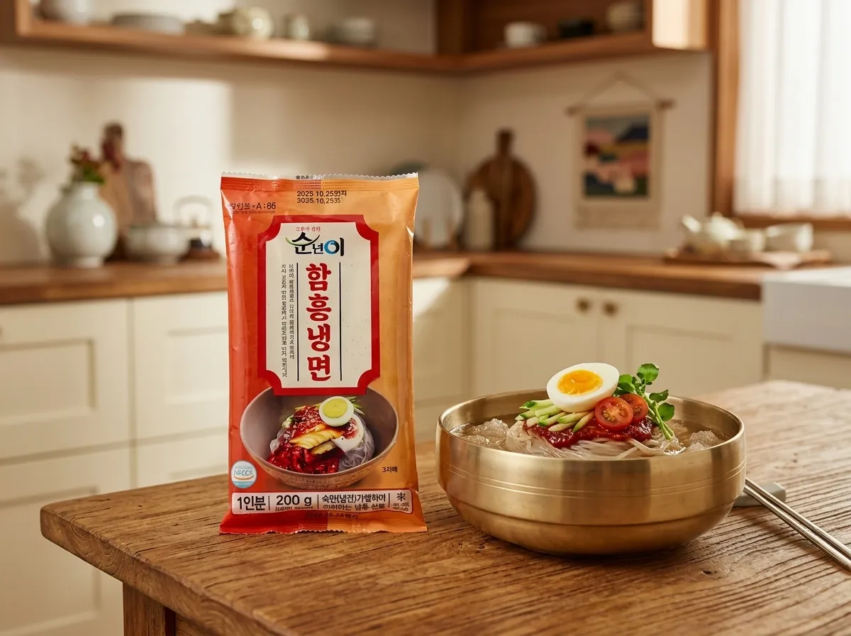 순년이 함흥냉면 실제 제품과 시원한 냉면 한 그릇