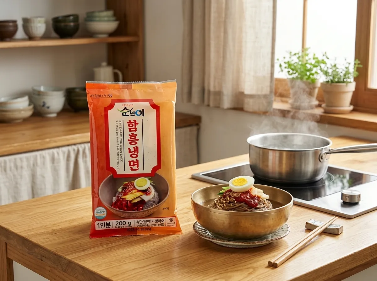 강원식품 실제 제품과 냉면 한 상
