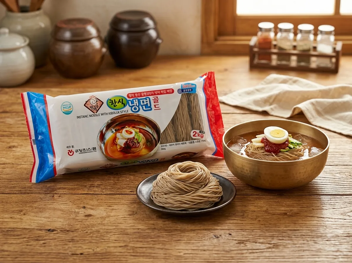 강원식품 실제 제품과 냉면 한 상