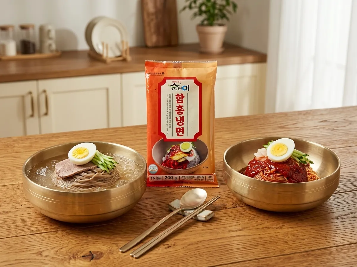 강원식품 실제 제품과 냉면 한 상