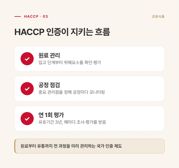 HACCP 인증이 원료 관리·공정 점검·연 1회 평가로 이어지는 흐름 도해