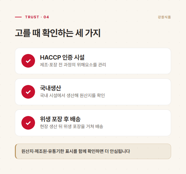 HACCP 인증 시설·국내생산·위생 포장 배송을 정리한 신뢰 요소 체크 도표