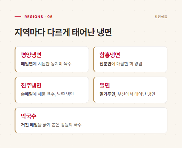 평양·함흥·진주냉면과 밀면·막국수 지역별 냉면 특징을 정리한 표