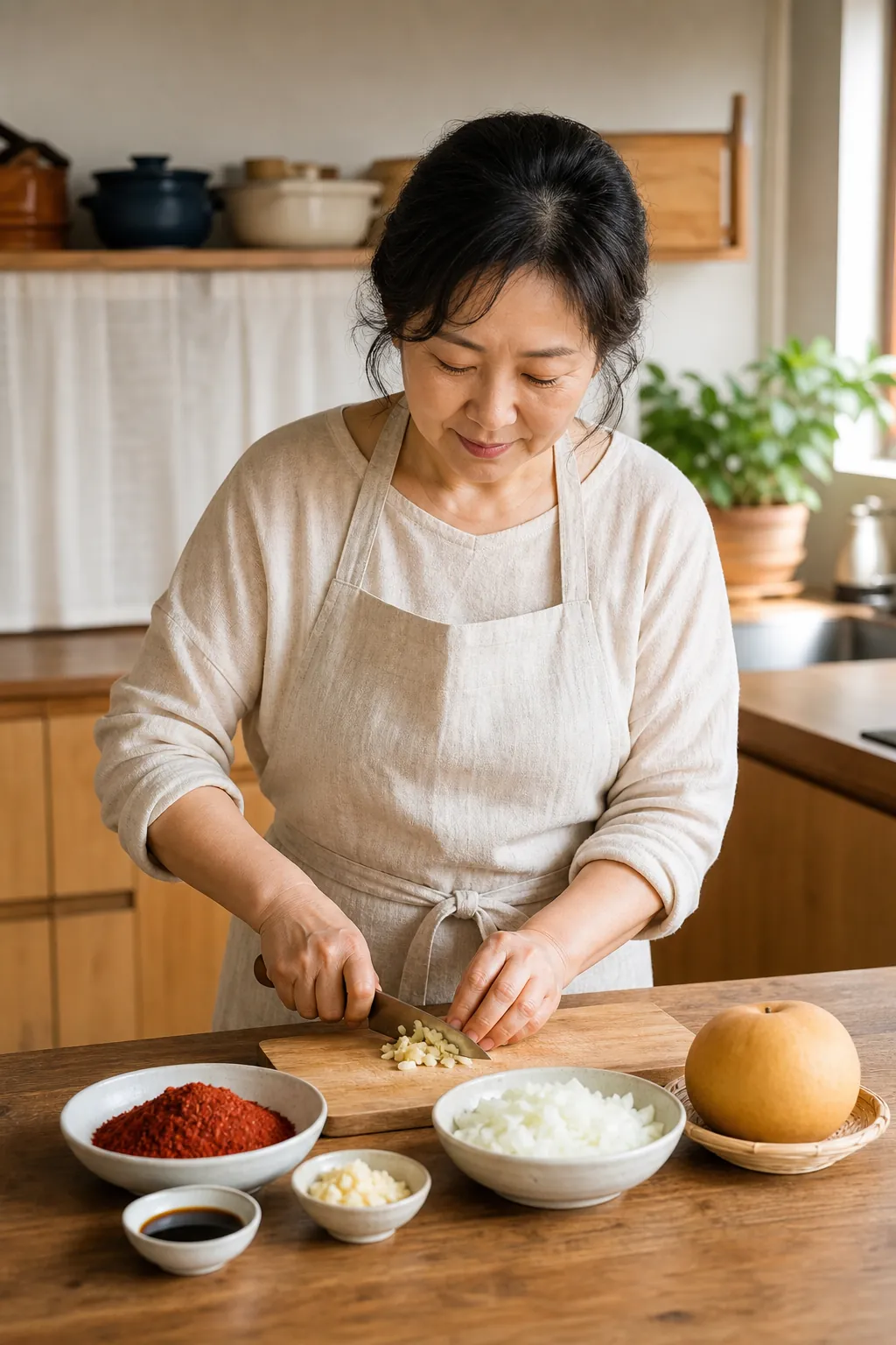 가정 주방에서 다대기 재료인 고춧가루와 마늘, 양파를 준비하는 모습