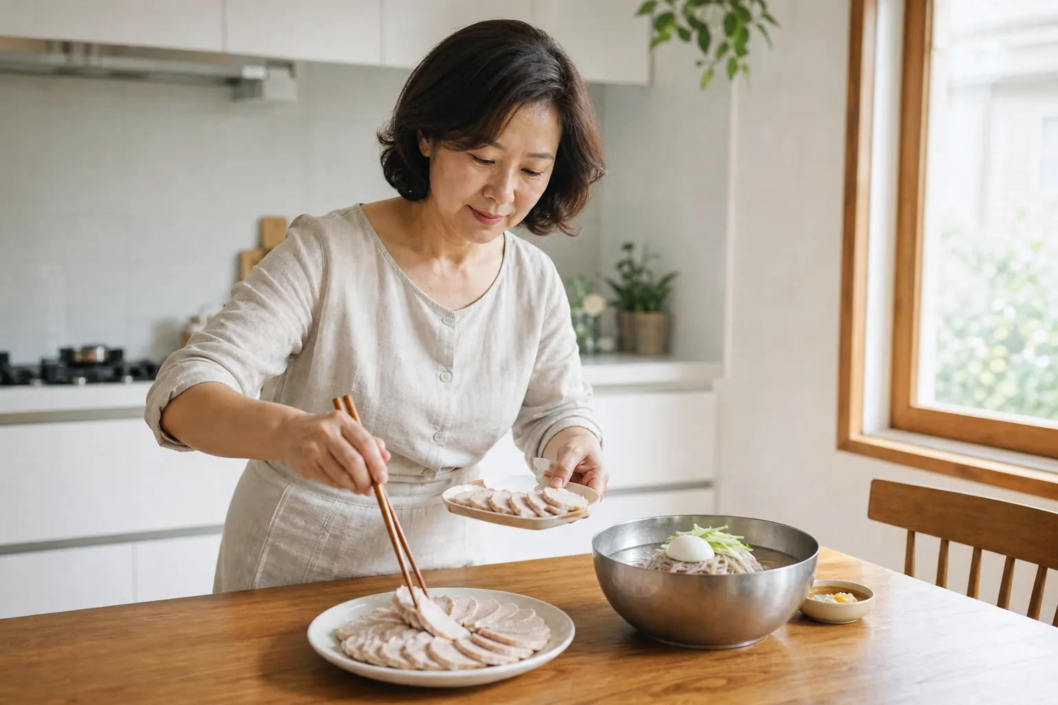 가정에서 편육을 접시에 담아 냉면 곁에 곁들이는 모습
