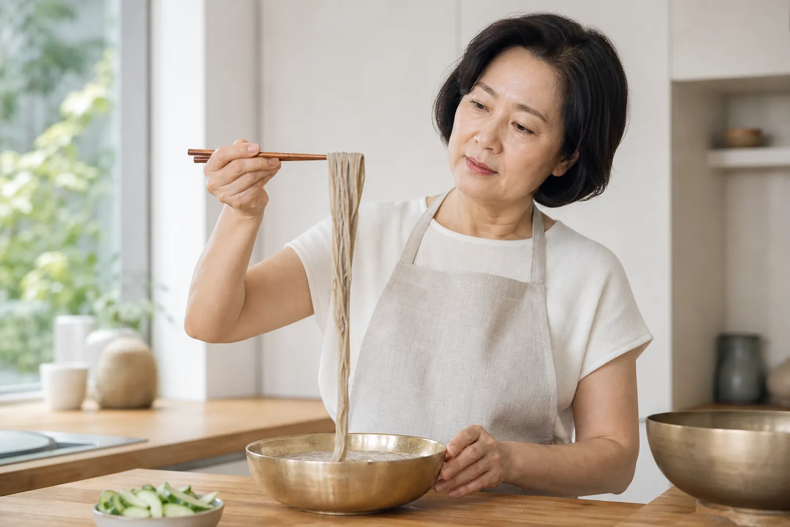 주방에서 삶아 헹군 메밀 냉면 가락을 젓가락으로 들어 결을 살피는 모습