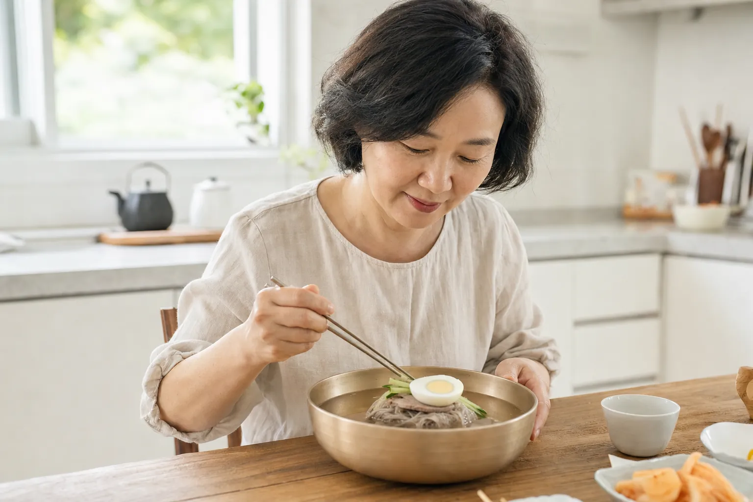 가정 식탁에서 놋그릇에 담긴 맑은 육수의 평양물냉면을 즐기려는 모습
