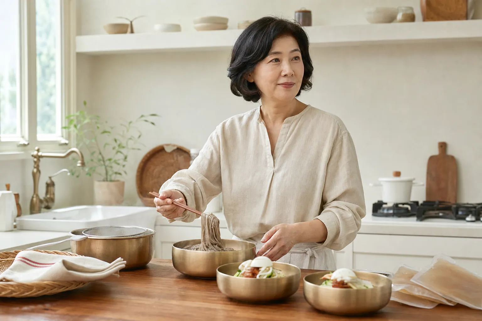 가정 주방에서 놋그릇에 냉면을 담으며 준비하는 모습