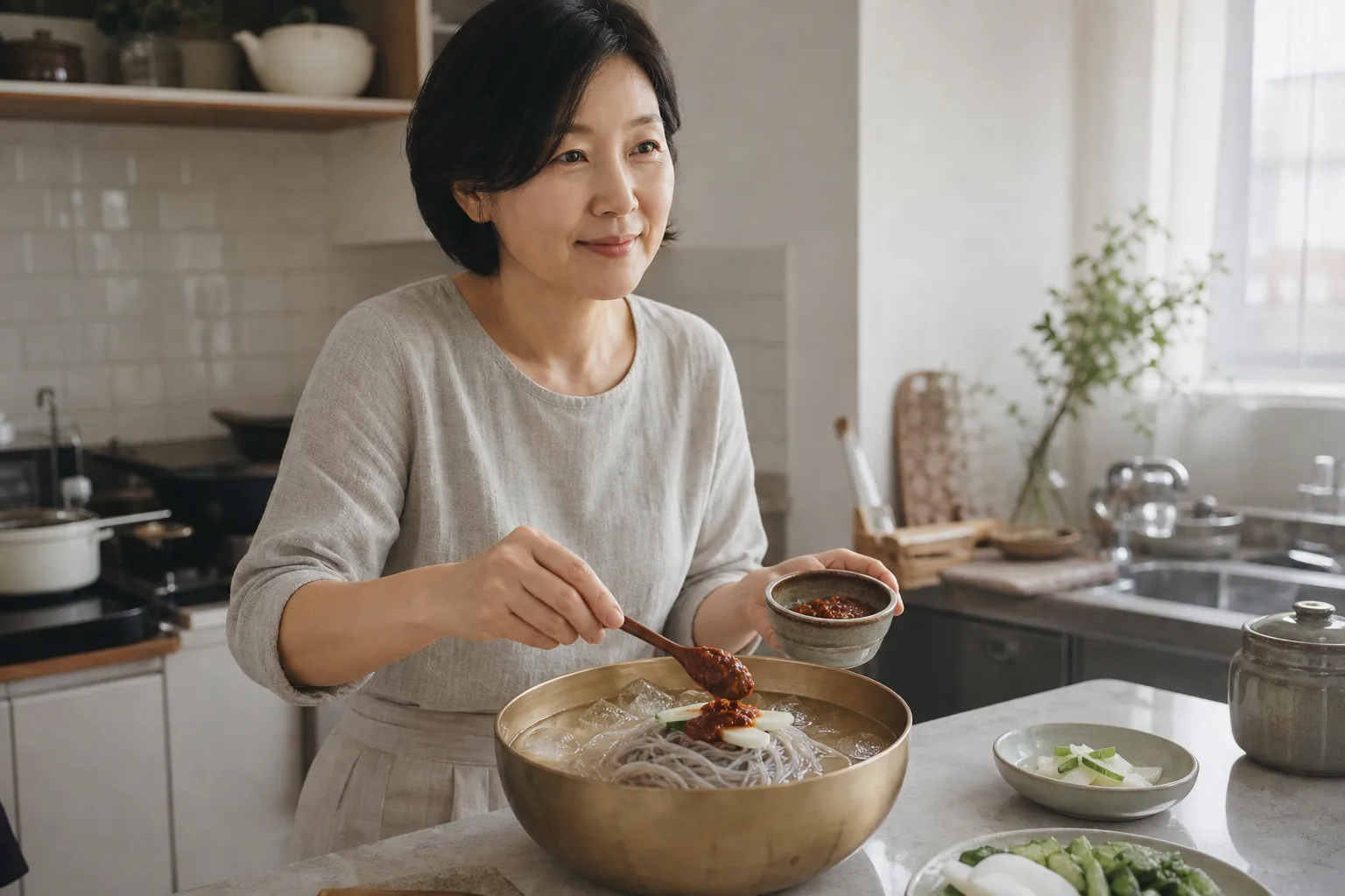 가정에서 물냉면 육수 위에 붉은 다대기를 얹는 모습