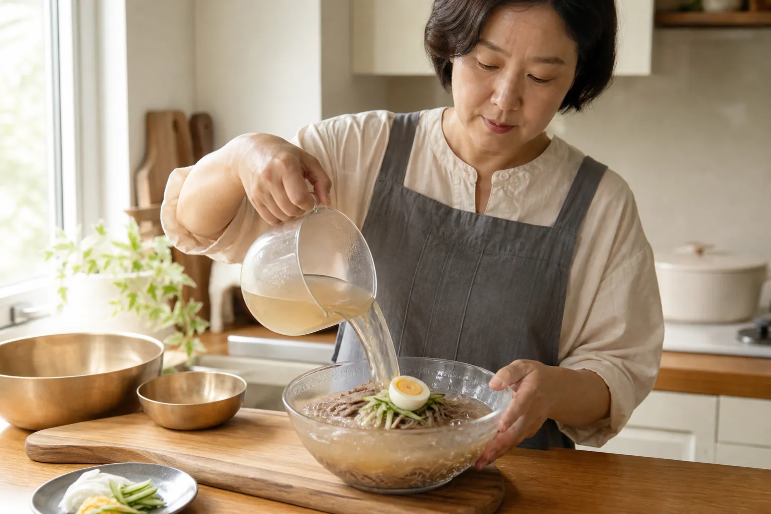 가정 주방에서 냉면 밀키트 육수를 냉면 위에 붓는 모습