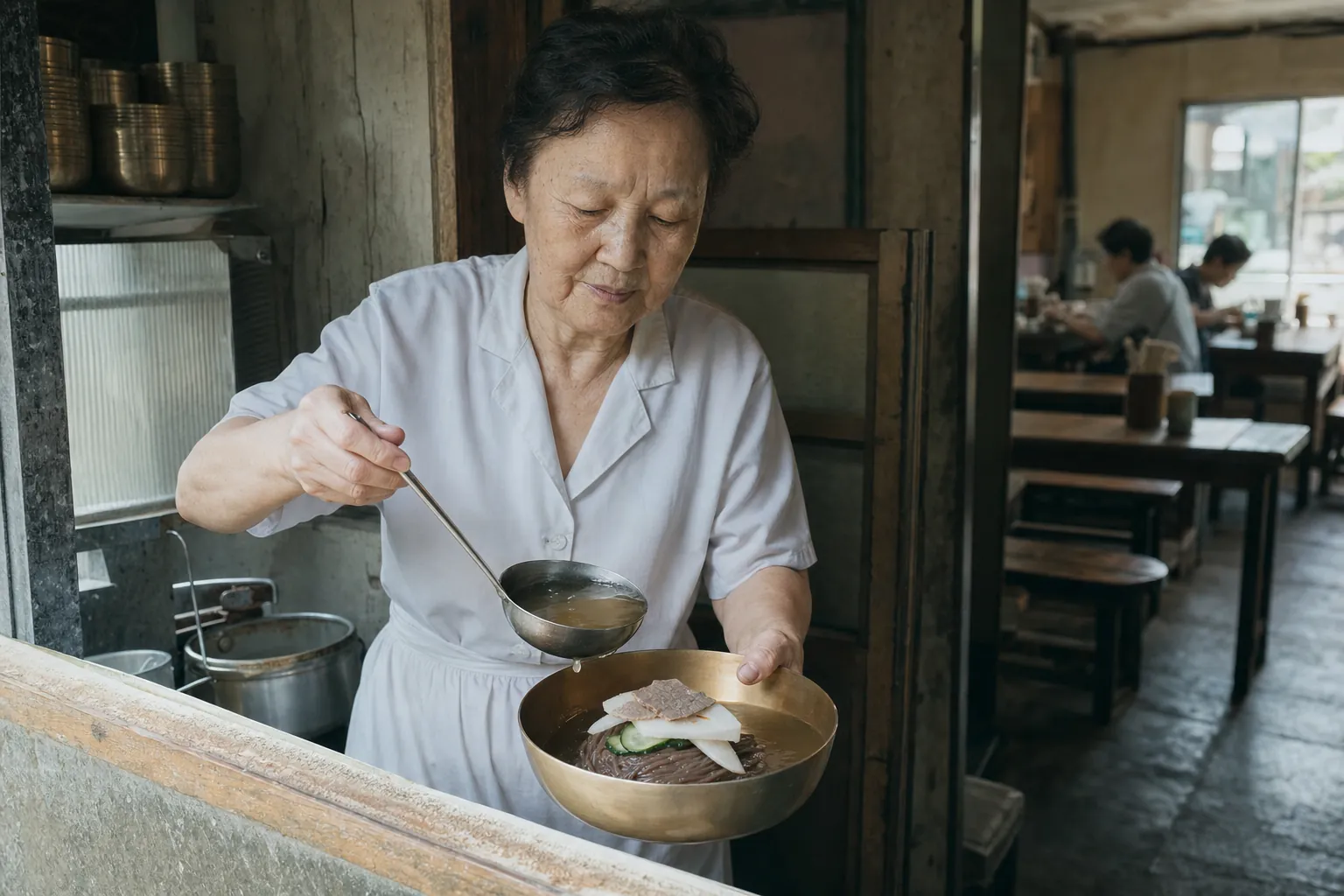 오래된 냉면집에서 놋그릇에 냉면을 담아 내는 모습