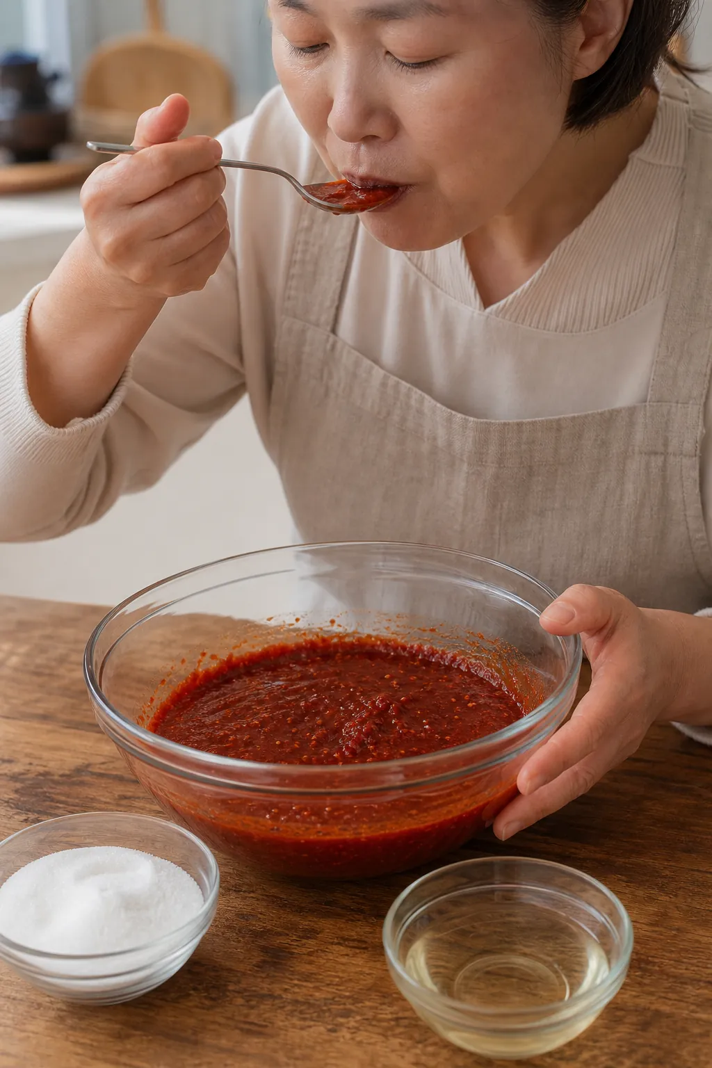 다대기 양념을 숟가락으로 저으며 맛을 조절하는 손