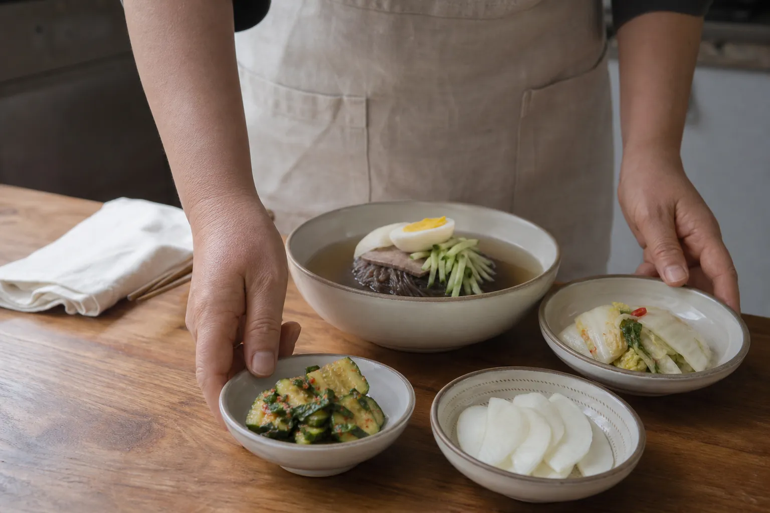 냉면 곁에 오이무침과 백김치 등 반찬을 담아 상을 차리는 손