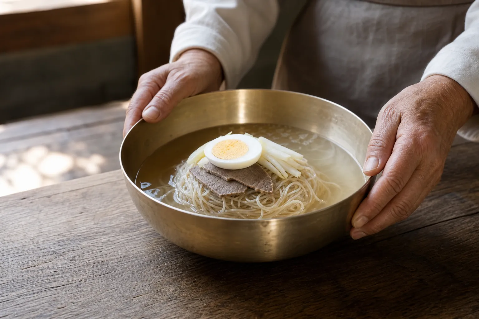 놋그릇에 담긴 맑은 평양냉면을 상에 내는 손