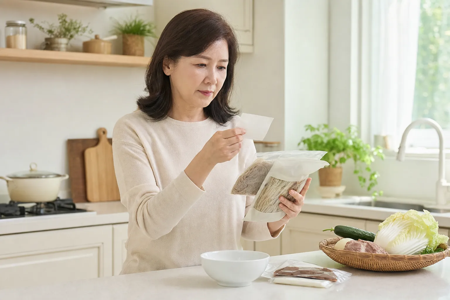 냉면 밀키트 포장의 원산지와 유통기한 표시를 확인하는 모습