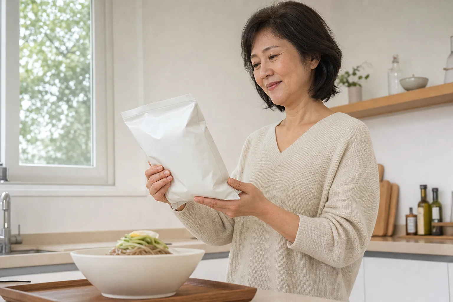 가정 주방에서 냉면 밀키트 포장의 표기를 살펴보는 소비자의 모습