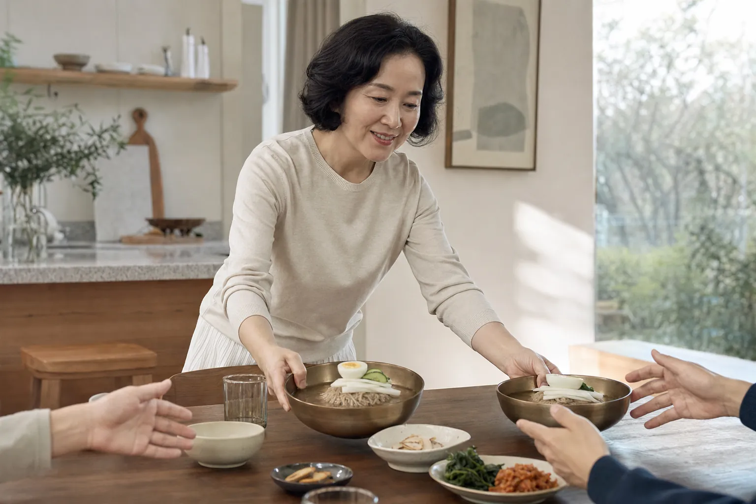 가정 식탁에서 놋그릇 냉면을 가족에게 차려 내는 모습