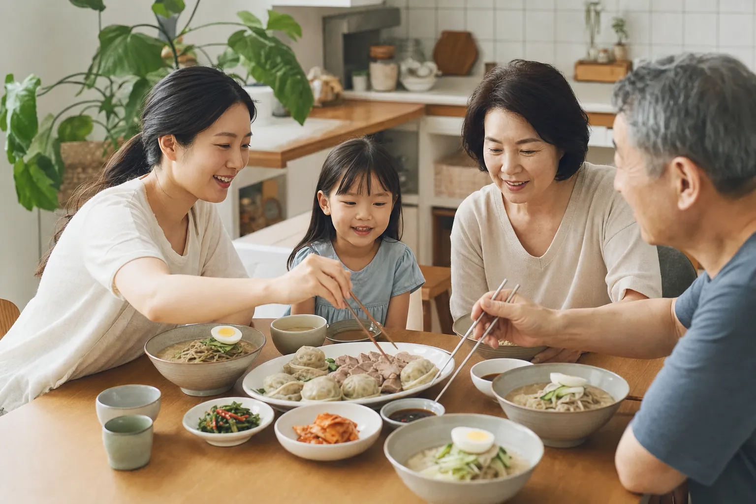 가족이 냉면과 만두·편육을 함께 나누며 한 상을 즐기는 모습