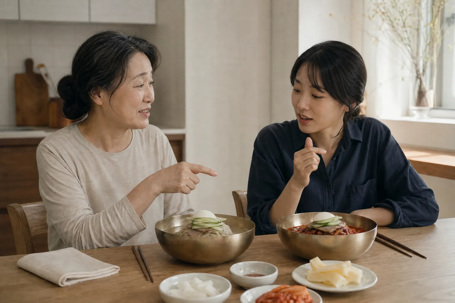식탁에서 물냉면과 비빔냉면을 앞에 두고 어떤 냉면을 먹을지 고르는 가족
