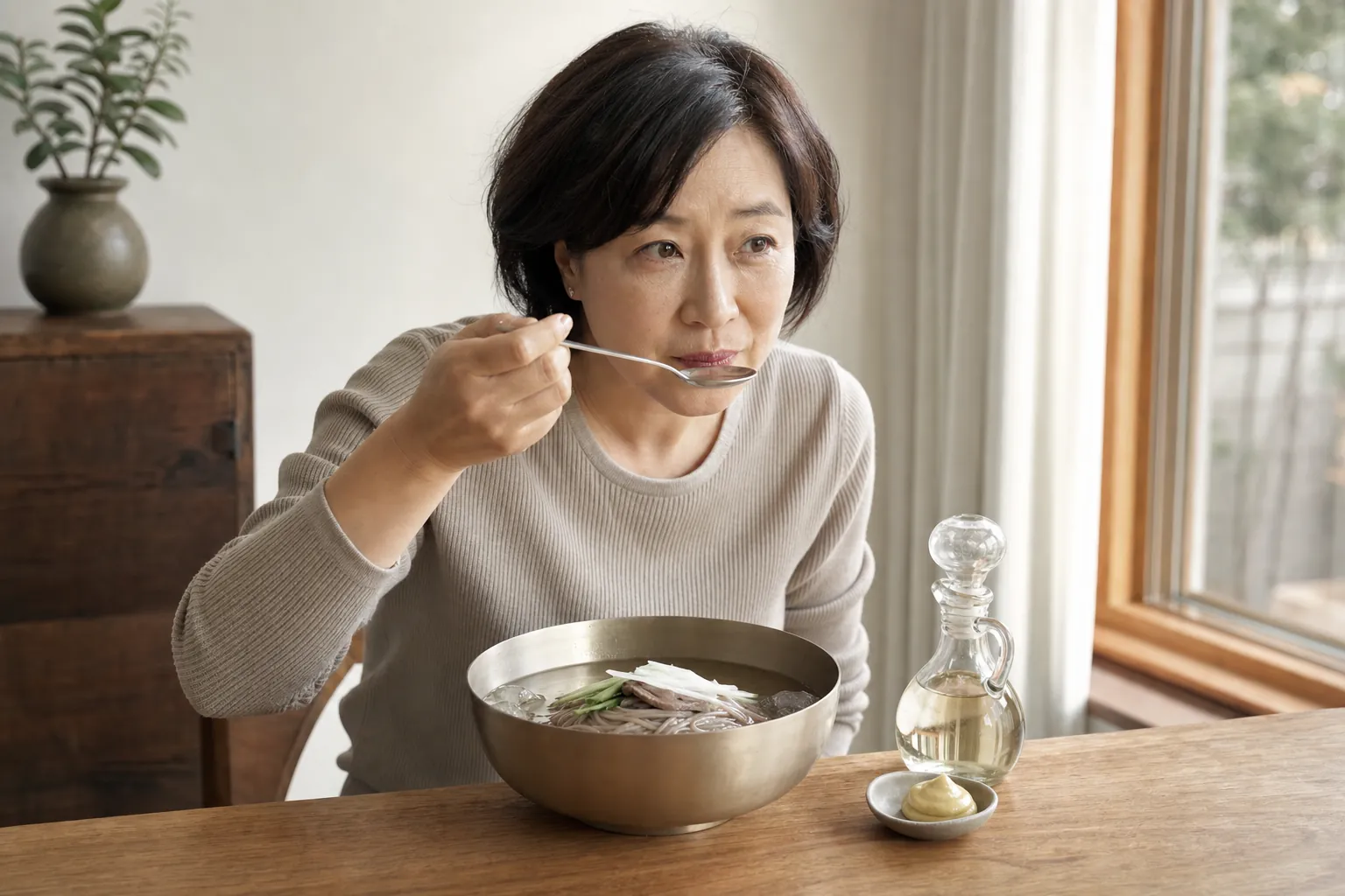 식탁에서 평양냉면 육수를 먼저 맛보는 모습