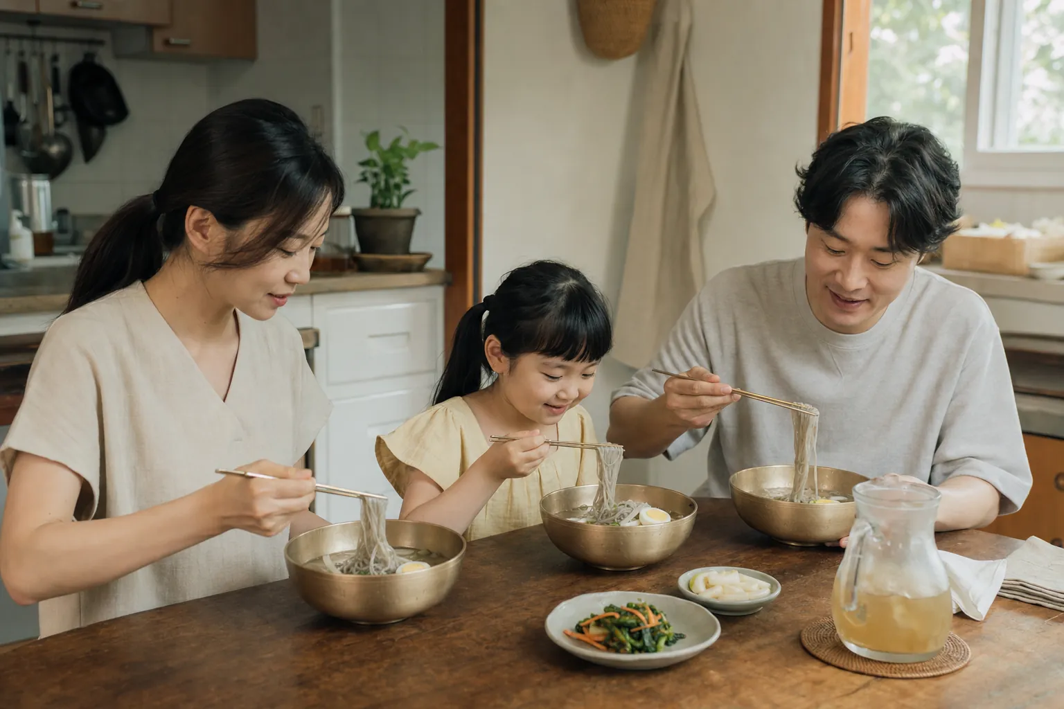 가족이 식탁에서 각자 놋그릇의 평양물냉면을 나눠 즐기는 모습