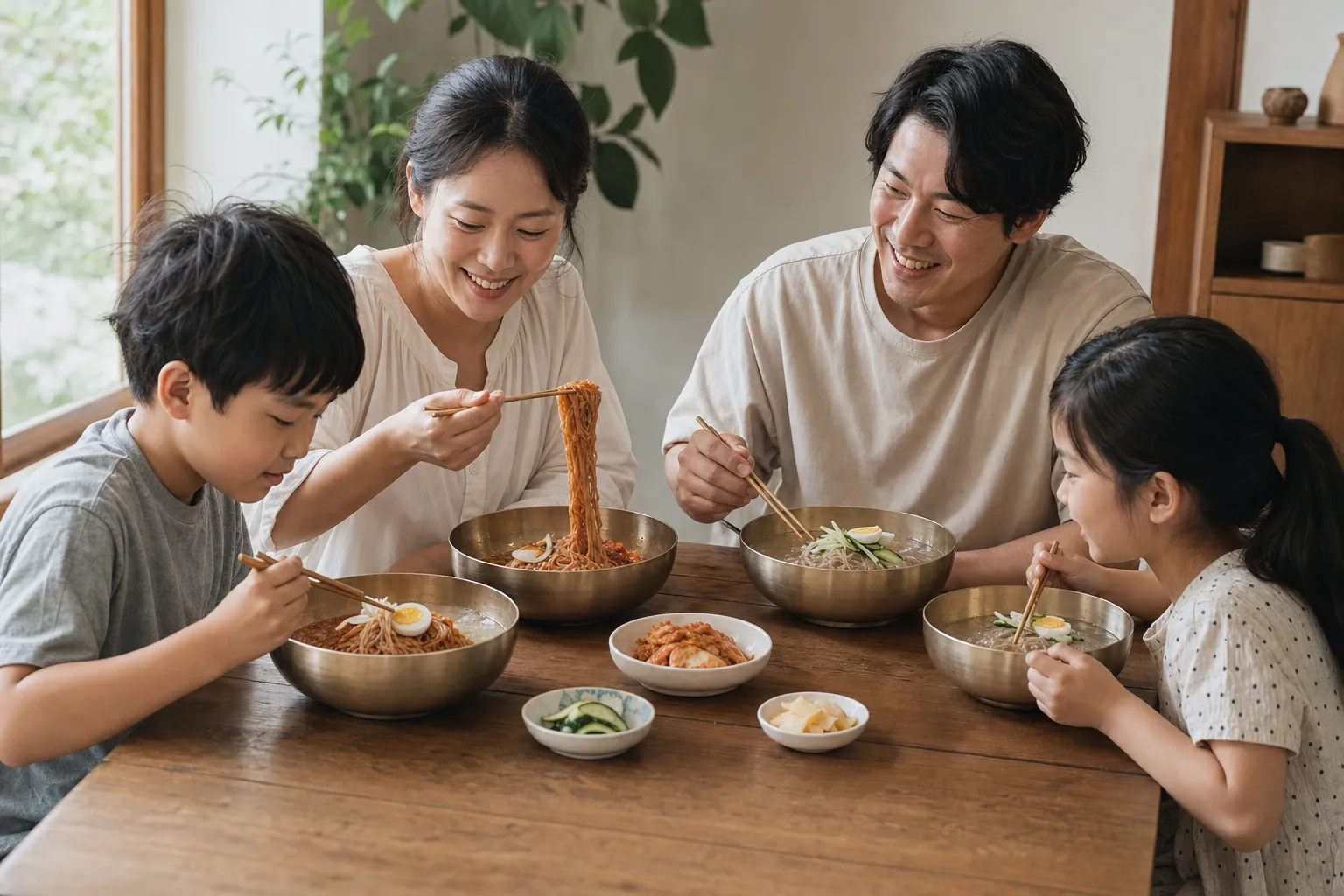 가족이 식탁에 둘러앉아 냉면을 나눠 먹는 모습