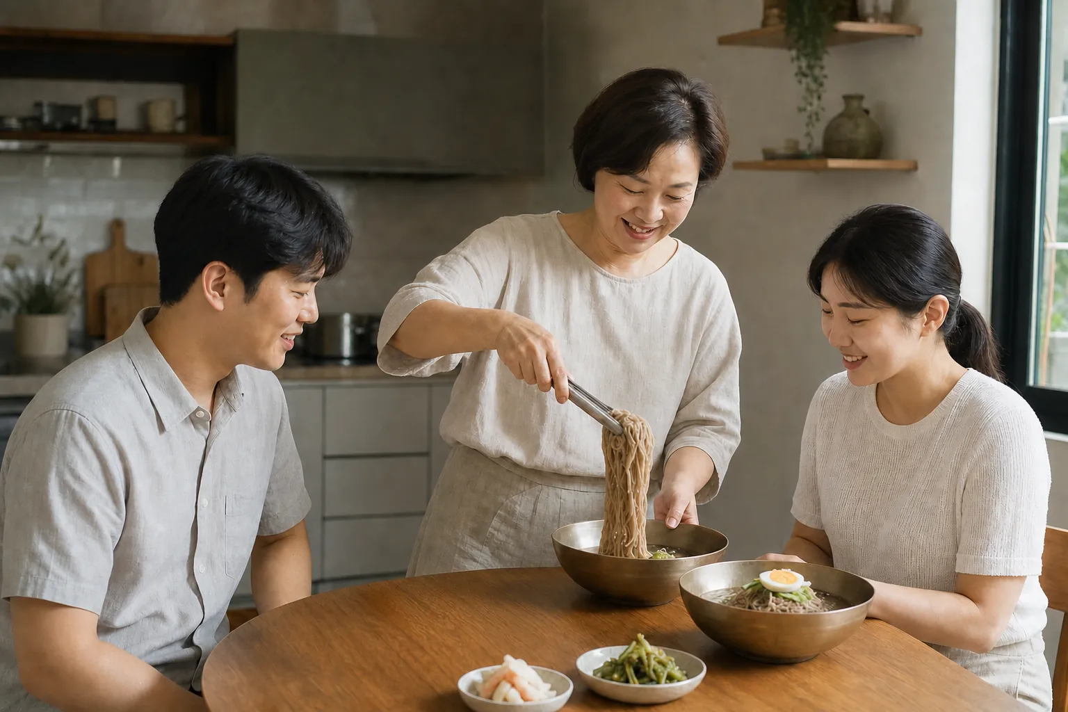 가족이 식탁에서 냉면을 나눠 먹는 모습