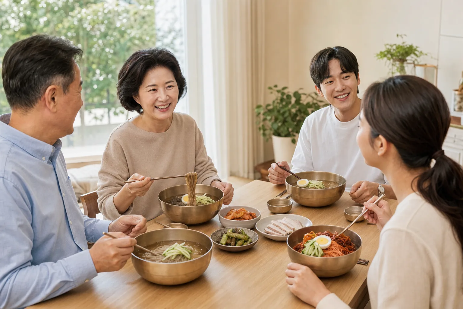 가족이 식탁에서 물냉면과 비빔냉면을 나눠 먹는 모습