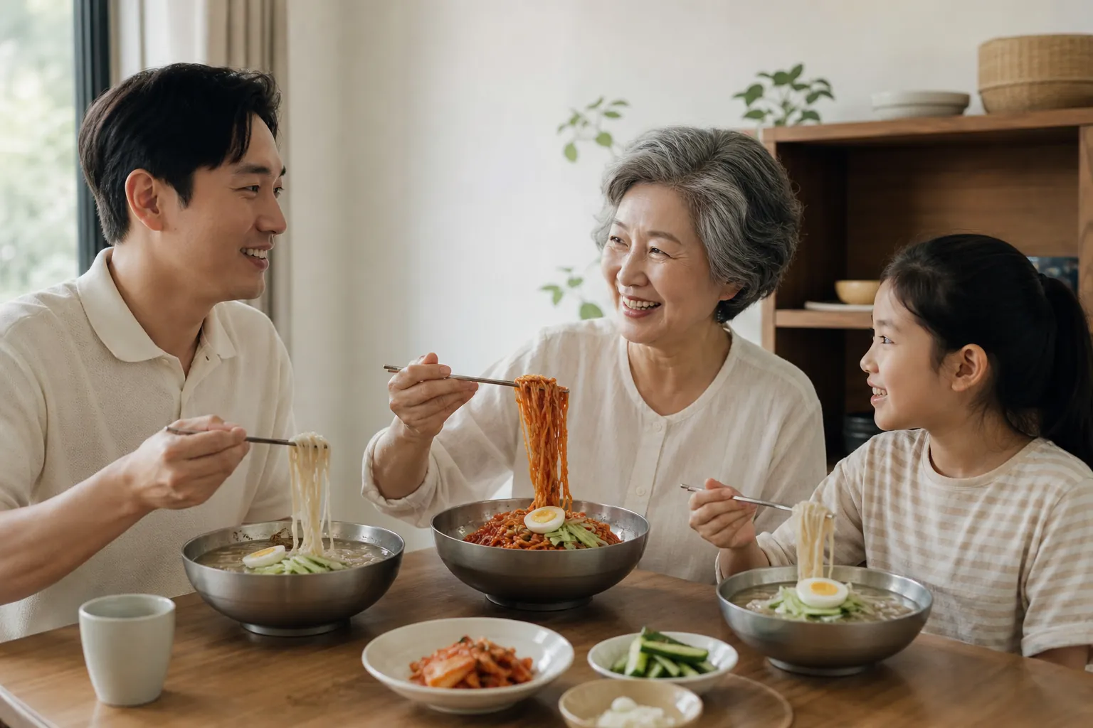 가족이 식탁에서 물냉면과 비빔냉면을 함께 즐기는 모습